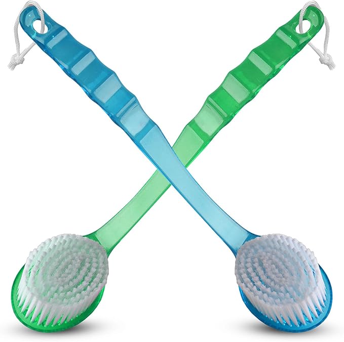2 Pack Bath Body Brush Long Handle Back Shower Brush Exfoliating Back, Body, and Feet Scrubber Soft Nylon Bristles (Blue & Green)