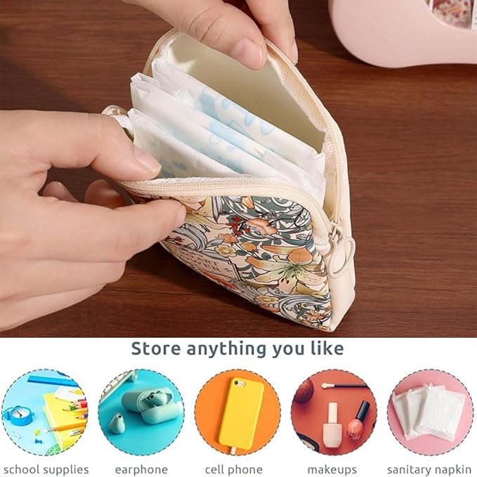 OULIGET Sanitary Napkin Storage Bags,Portable Menstrual Cup Nursing Pad Tampon Storage Pouch,Leather Oil Painting Flower Travel Makeup Bags Coin Purse Sundries Pouch with Zipper
