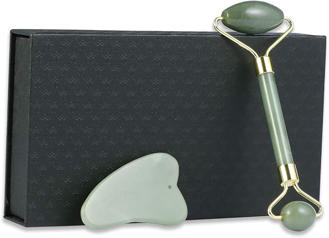 rosenice Jade Stone Gua Sha Facial Massage Tool Set Face Massager Roller and Scraping Plate for Neck Face and Daily Skin Care Routine Green Set 5.90 X 1.96 X 1.18 in