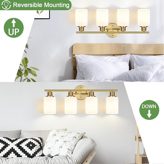 Zarbitta 4-Light Bathroom Light Fixtures, Brushed Gold Modern Vanity Lights with Milky White Frosted Glass Shades, Bathroom Wall Lamp for Mirror Kitchen Living Room