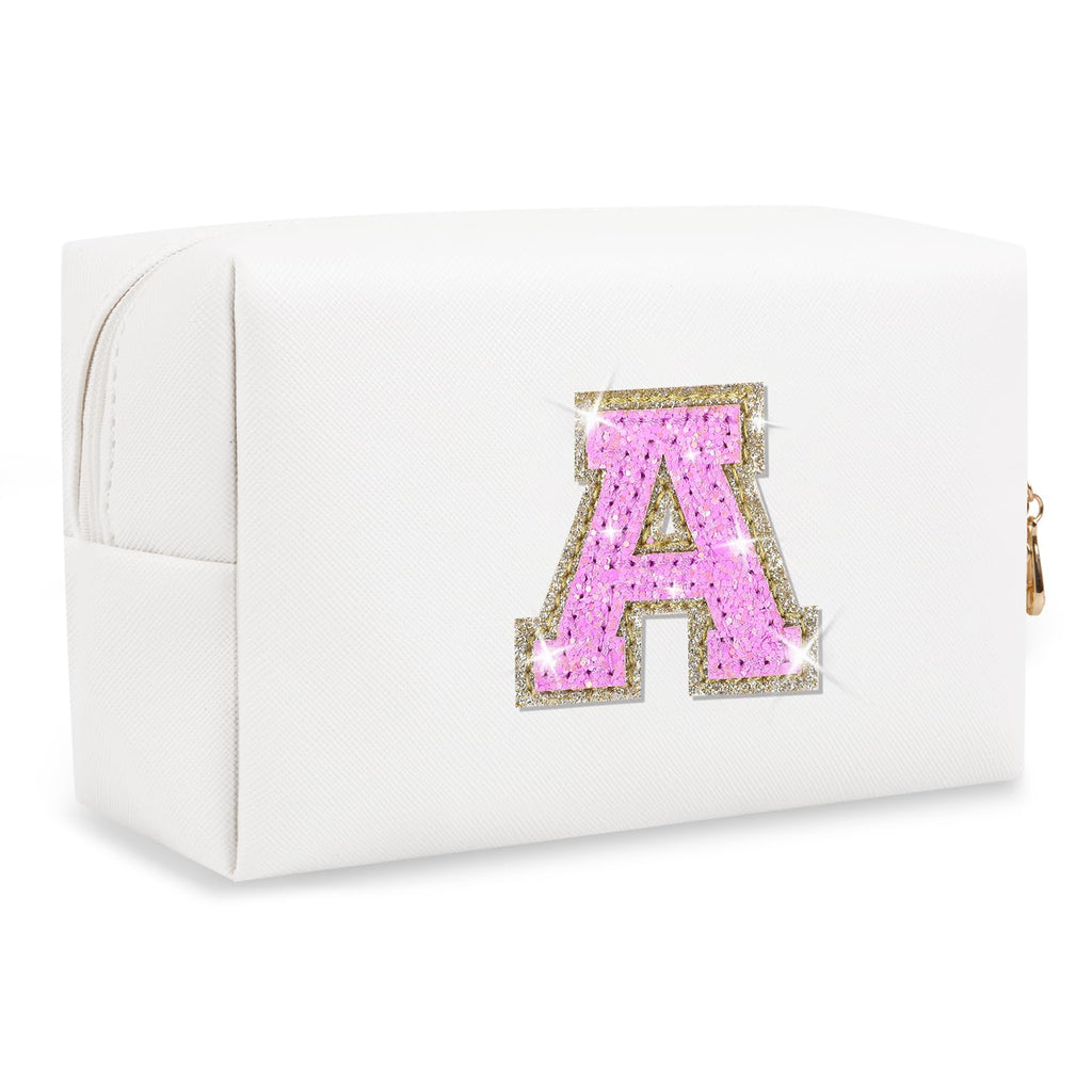 Bride Gifts – Personalized Initial Makeup Bag with Pearl Rhinestone Patch, Preppy White Monogram Cosmetic/Toiletry Pouch, bridesmaid Gifts, Bridal Shower Gifts, Wedding Gifts, Bridal Gifts,U — A