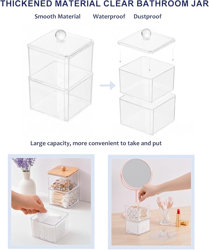 VIPTUVI Cotton Swab Holder with Clear Lid, Double Layer Stackable Apothecary Jar for Bathroom Vanity, Cotton Ball Container & Floss Pick Organizer, Dispenser for Hair Tie & Cotton Rounds.