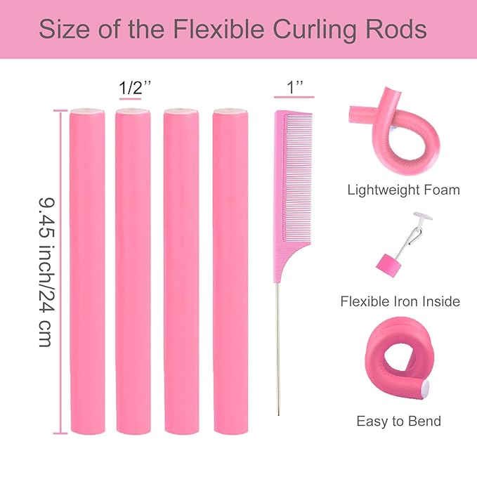 Jusbuya 38PCS Flexible Curling Rods, 9.45" FlexiRods for Natural Long Hair, No Heat Heatless Bendy Foam Hair Curlers, with 2 Steel Pintail Combs