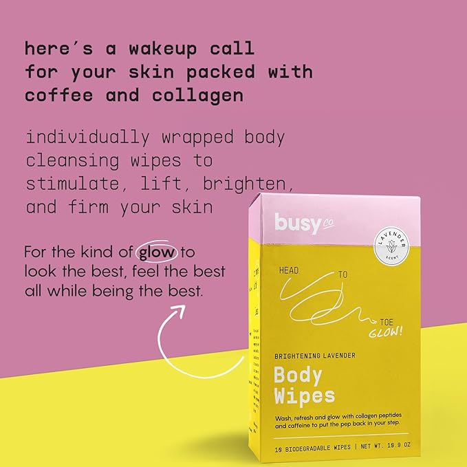 Glow Body Wipes for Women - Cleansing Large Wash Cloth - Extra Thick & Moist - Armpit Sweat Cloths for Body Odor - No Rinse, No Shower - Lavender Rose - Caffeine & Collagen Peptide