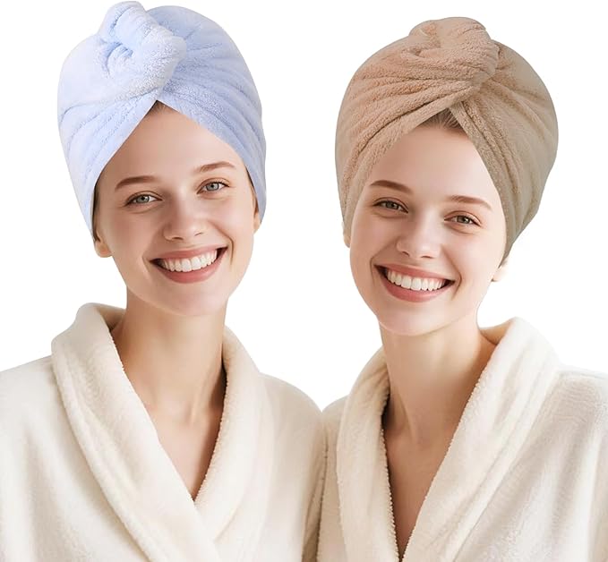 Microfiber Hair Drying Towel Wrap for Women, Hair Turbans Towel for Wet Hair,turbie Twist Hair Towels(The Color of the Picture is for Reference only) (Blue,Brown)