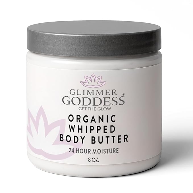 Glimmer Goddess Organic Whipped Body Butter for Women - Moisturizer Cream with Shea & Cocoa Butter, Almonds & Coconut Oil - Rose Geranium Lavender, 8oz