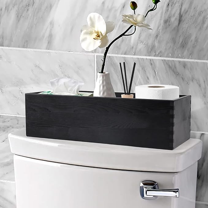 LotFancy Bathroom Decor Box, 2 Pack Wooden Toilet Paper Holder, Black Toilet Tank Storage Basket, Farmhouse Rustic Back of Toilet Tray