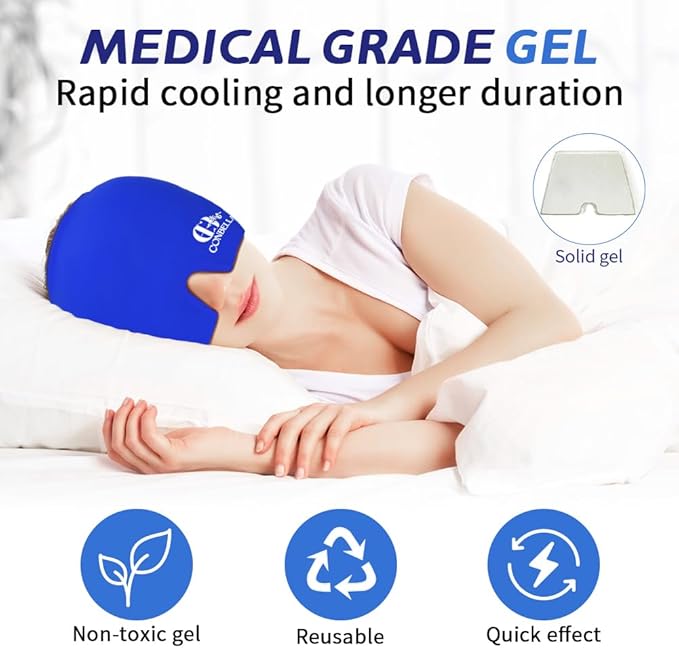 Migraine Relief Cap, Soothing Headache Ice Face Mask Products, Hot and Cold Therapy, Migraine Headache Relief Cap for Migraine, Sinus, Puffy Eyes, Tension, Stress and Hangover(Blue)