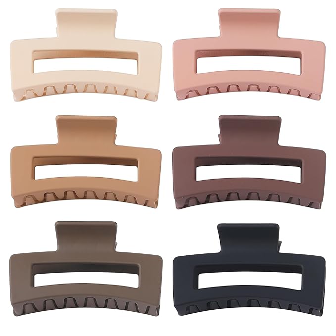 Sisiaipu Hair Clip, 3.5 Inch Medium Square Claw Clips Rectangle Clips 6 Pack Rubber Paint Acrylic Plastic Metal, Non-Slip Design for Women Girls - Coffee