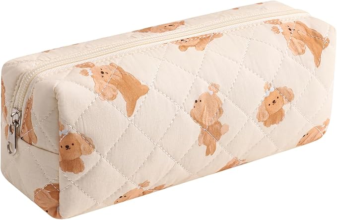 WHHJM Cute Floral Makeup Brush Bag Small Cotton Quilted Cosmetic Bag for Women Travel Toiletry Zipper Make Up Pouch (Little dog)