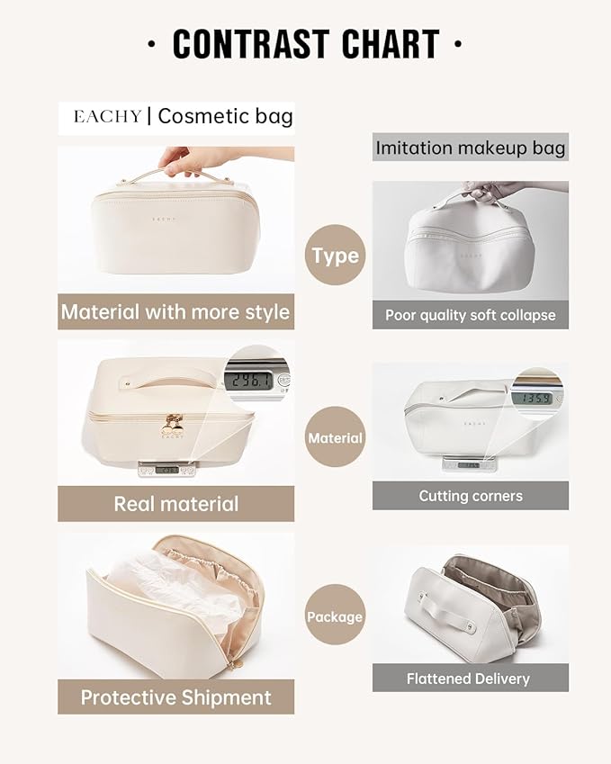 EACHY Travel Makeup Bag, Large Capacity Cosmetic Bags for Women, Waterproof Portable Open Flat Toiletry Bag Make up Bag with Divider and Handle, Gifts for Women (White, Large)