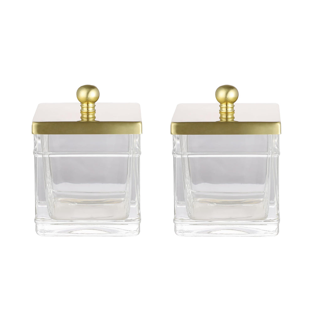 Indecor Home Glass Cotton Jar Holder 2 Pack– Brushed Gold Lid, Elegant Bathroom Storage Canister for Qtips, Cotton Balls, Floss, Makeup Organizer, Vanity & Bathroom Organization