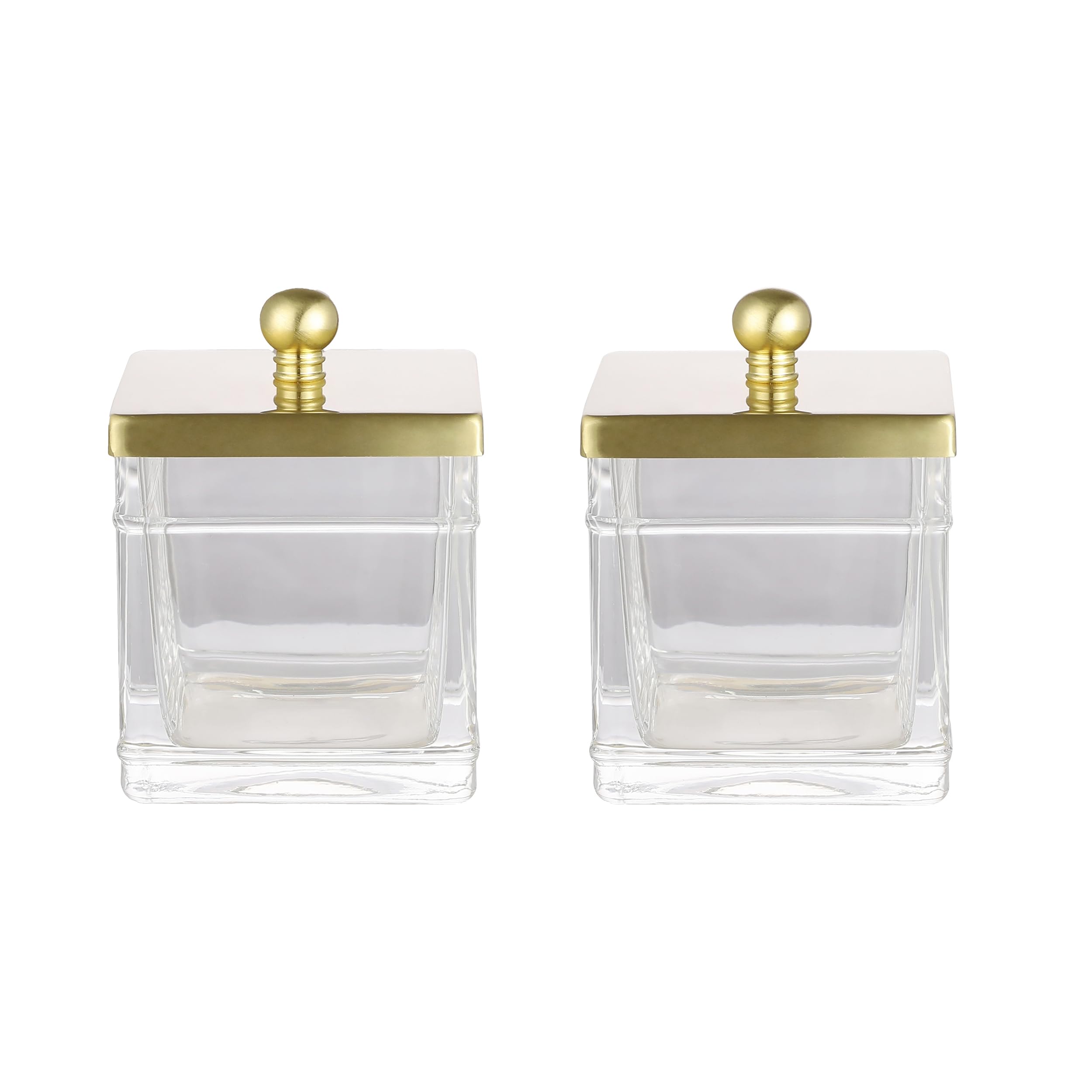 Indecor Home Glass Cotton Jar Holder 2 Pack– Brushed Gold Lid, Elegant Bathroom Storage Canister for Qtips, Cotton Balls, Floss, Makeup Organizer, Vanity & Bathroom Organization