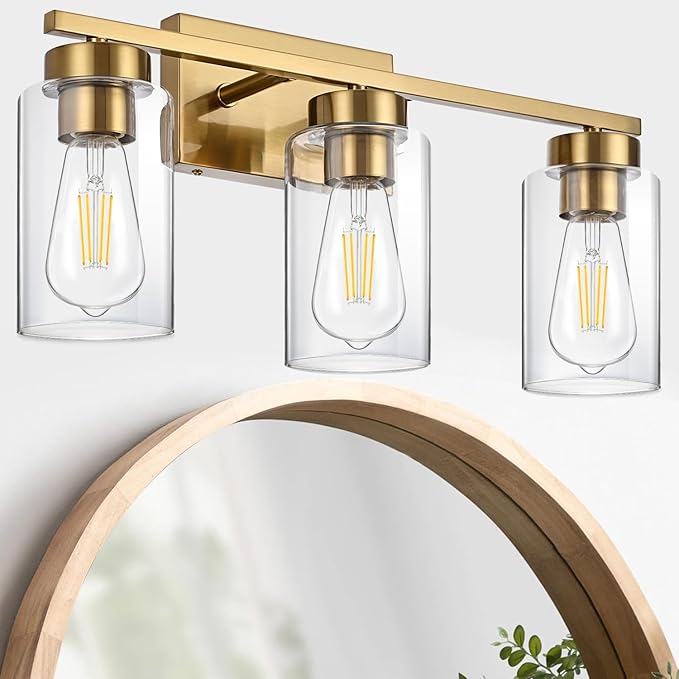 A1A9 3-Light Bathroom Vanity Light, Modern Brushed Gold Wall Lights with Clear Glass Shades, Bathroom Wall Sconce Lamp for Mirror Living Room Bedroom Hallway