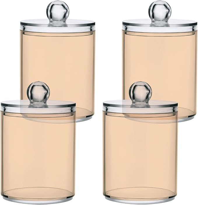 Peach Puff Qtip Holder Organizer Dispenser Cotton Swabs Cans Plastic Jars with Lid Set 2 Pack Bathroom Storage Canister for Cotton Ball Floss Cotton Pads