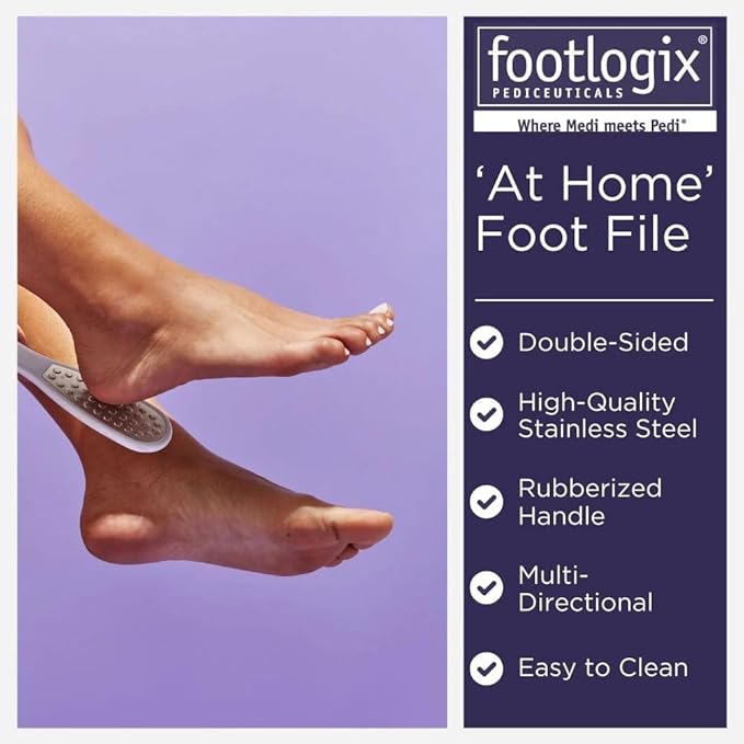 Footlogix Double-Sided Stainless Steel Foot File with Rubberized Handle – Coarse & Fine Grit Foot Exfoliator for Dry, Rough Skin | Professional Pedicure Tool | Lightweight, Easy to Clean