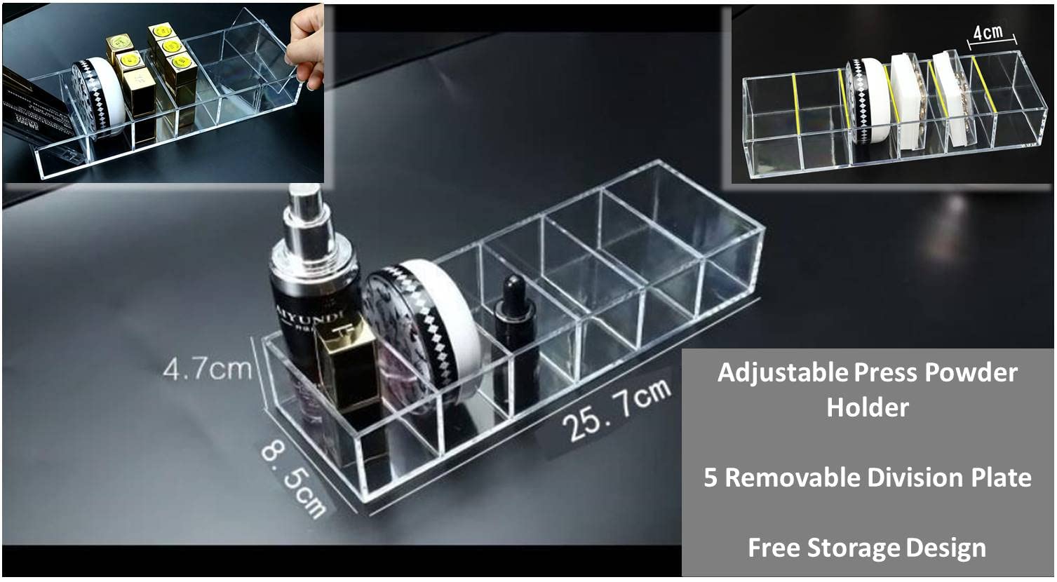 KW Collection Acrylic Makeup Organizer Cosmetic Storage Makeup Display Case Lipstick Holder Dispenser Adjustable Canister Bathroom Container (10 x 3.4 x 1.9 inches, 6 Partitions, Transparent)