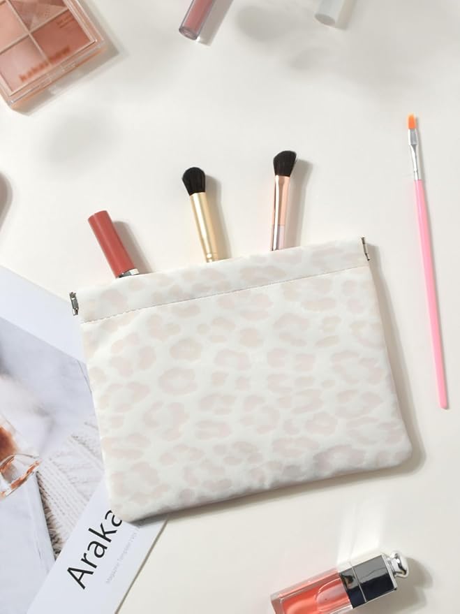 Ksriylm Leopard Leather Small Makeup Pouch for Women,Cosmetic Accessories,Waterproof and Portable Cosmetic Bag,Self-closing, No Zipper, Aesthetic Storage Pouch,Lipstick for Purse,Light Yellow