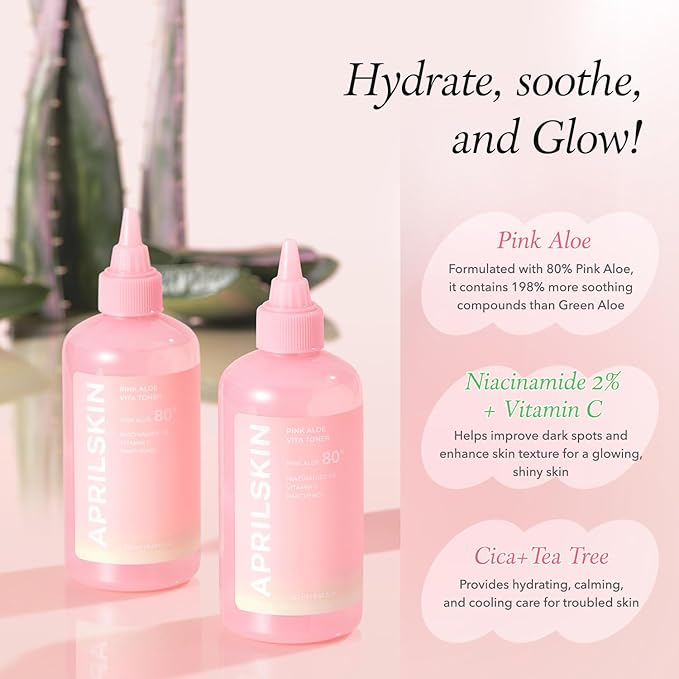 APRILSKIN Pink Aloe Vita Toner | Calms and Soothes Redness, Smoothens, and Controls Excess Sebum | 80% Pink Aloe Vera Water | Hydrating, Non-Sticky | Clean & Vegan Korean Skin care (8.45 fl.oz)