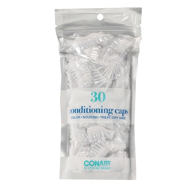 Conair Conditioning Caps for Hair Treatments, 30-Piece Pack – Disposable Clear Shower Caps for Deep Conditioning, Hair Coloring, and Moisturizing Treatments – Full-Sized, Latex Warning Included