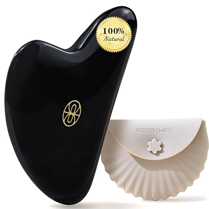 Rena Chris Gua Sha Facial Tools, Black Obsidian Guasha Tool for Acupuncture, Manual Massage Tool for Jawline Sculpting and Puffiness Reducing, Gua Sha Facial Tool with Silicone Case (Onyx Black)