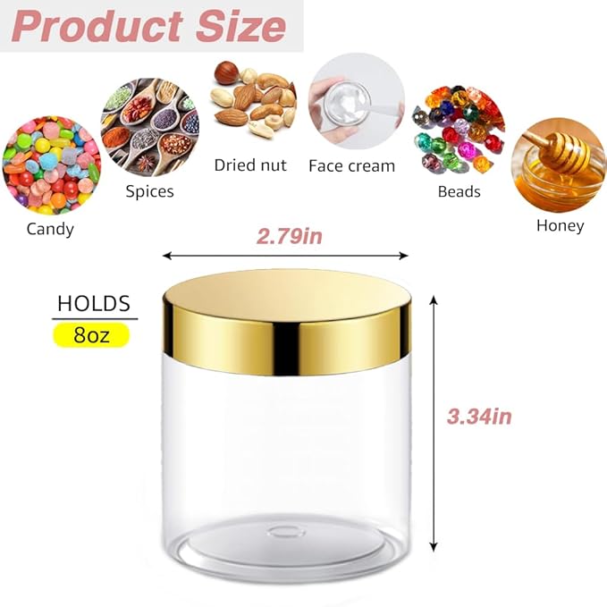 12 Pack 8 oz Plastic Cosmetic Containers With Silver Lids Refillable Clear Empty Travle Jars Containers for Body Butter,Sugar Scrubs,Cream,Lotions,Candy, Label&Spatulas