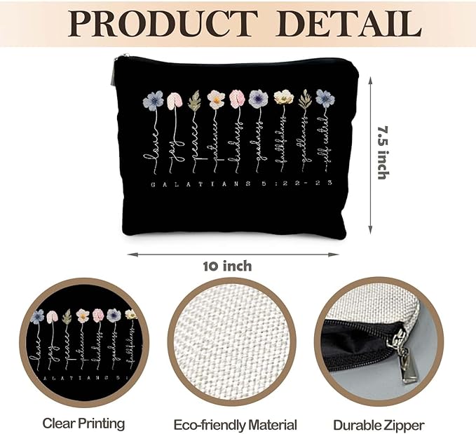 Likjad Christian Gifts Makeup Bag, Floral Christian Cosmetic Bags for Women, Galatians 5:22-23 Bible Verse Makeup Pouch, Faith Based Gifts Zipper Pouch(black)
