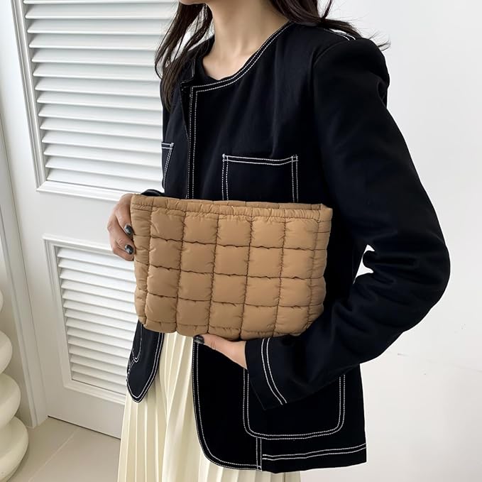 HFLZBRO Puffy Quilted Makeup Bag for Women, Cosmetic Bag, Travel Toiletry Organizer Pouch Clutch (brown)