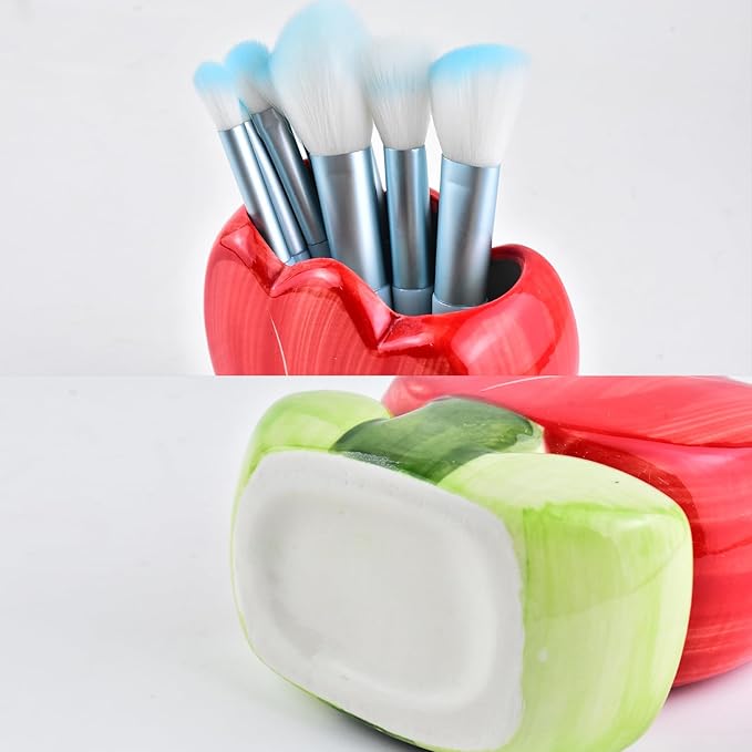 ESIW Ceramic Tulip Cosmetic Storage Box, Desktop Organizers Make Up Brush Storage Stand Desktop Storage Box for Brush,Pencil,Art Supplies, Painting Brush (Red)