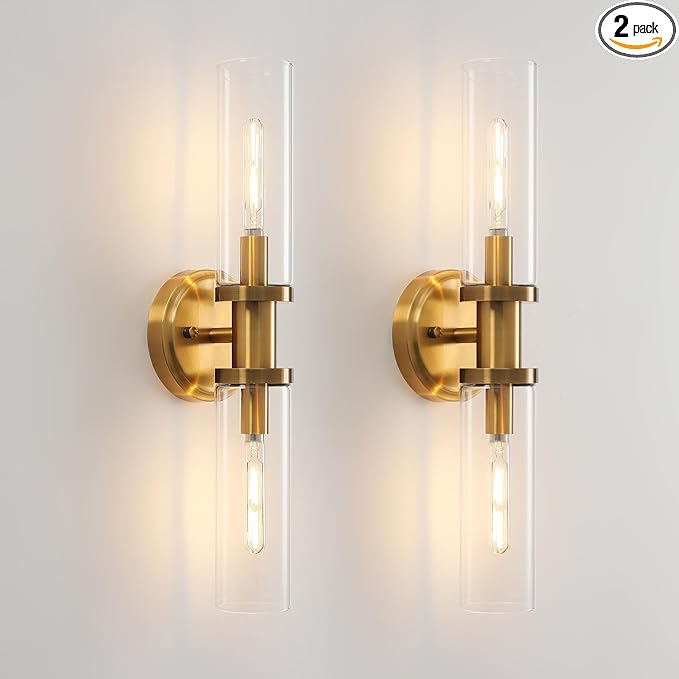Wall Sconces Set of Two Brushed Brass Gold Sconces Lighting with Clear Glass Wall Lamp Modern Wall Sconce Light Fixtures Sconces Decor Set of scones Lights Set of 2