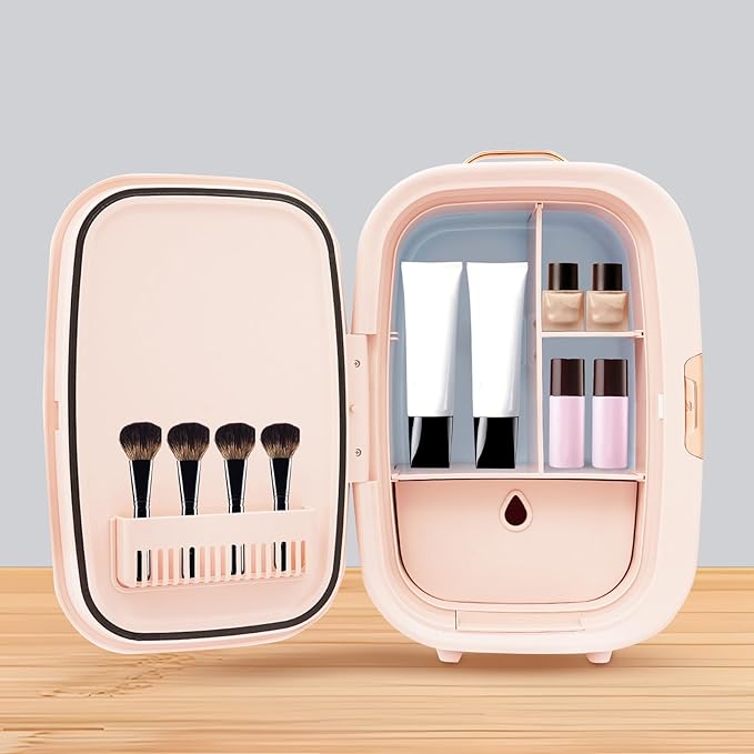 REHOUPTU Cosmetic Fridge with LED Mirror & Adjustable Shelves, 12V/110V Mini Skincare Refrigerator for Bedroom, Vanity, Office, 4 Gal, Gift for Women (Pink)