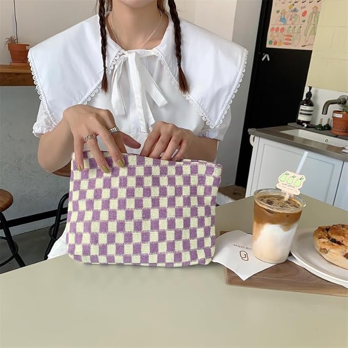 2 Pieces Makeup Bag Set, Small Checkered Cosmetic Bag Travel Toiletry Organizer Mini Purple Cosmetic Pouch Case Makeup Brushes Quilted Aesthetic Accessories Storage Bag for Women (Large+Mini Purple)