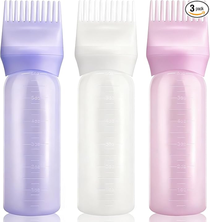BlingKingdom 3 PCS 170 ML Root Comb Applicator Bottles with Graduated Scale, Soft Pliable Hair Oil Applicators Dye Brush Applicator Bottle for Hair Oiling Applying Massaging Coloring (3 Colors)