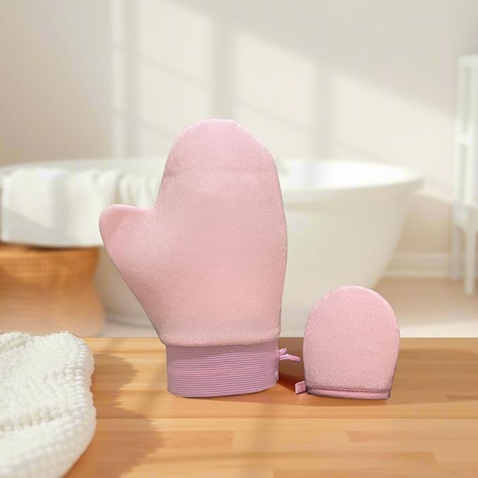 Body Lotion Applicator Gloves Set (2 Sizes: Large & Small) - 2 Color Options, High-Density Short Plush Material, Self-Tanning/Moisturizing Mitts for Even Coverage (Pink)