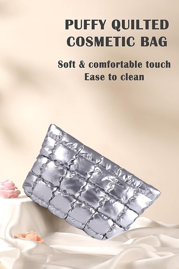 HFLZBRO Puffy Quilted Makeup Bag, Cosmetic Bag, Travel Toiletry Organizer Pouch, Clutch for Women (Silver)