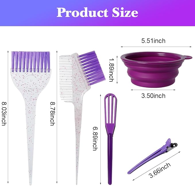 MOONMINI Hair Dye Color Brush and Bowl Set, Color Bowl Brushes Tool Mixing Bowl Kit Tint Comb for Hair Tint Dying Coloring Applicator (Purple&Clear)