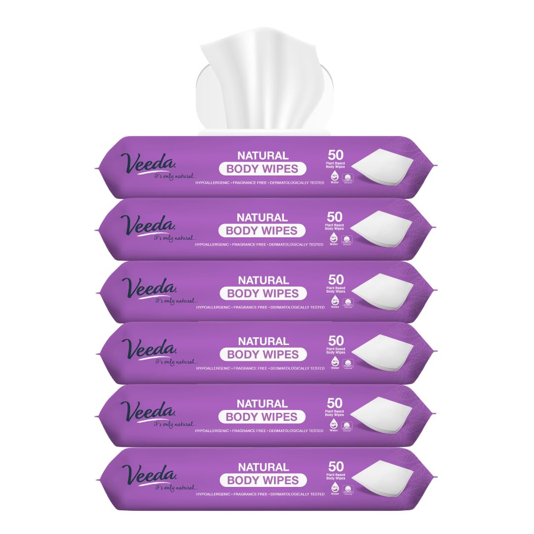Veeda Natural Cotton Body Wipes for Adults - 300 Count, Hypoallergenic & pH Balanced Wet Wipes - Unscented Personal Cleansing Wipes Safe for Sensitive Skin, Plant based Soft Wipes