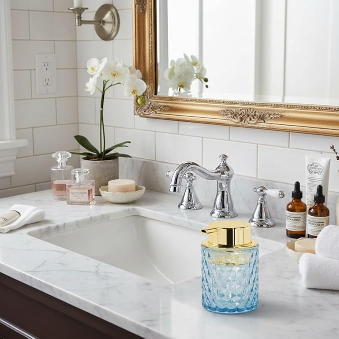 Fvstar 10 Oz Glass Hand Soap Dispenser with Pump, Refillable Bathroom Gold Foaming Soap Dispenser, Vintage Glass Diamond Lotion Container Bottle for Bathroom and Kitchen (2, Blue and Gold)