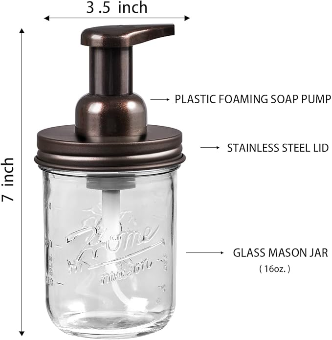 SheeChung Mason Jar Foaming Soap Dispenser, Glass Foaming Hand Soap Dispensers, Stainless Steel Lid, Refillable Foam Soap Dispenser for Bathroom Kitchen, Farmhouse Bathroom Decor (2 Pack, Bronze)