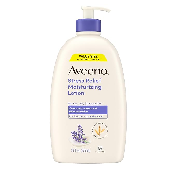 Aveeno Stress Relief Moisturizing Body Lotion, Lavender Scent with Prebiotic Oat for Sensitive Skin, Lightly Scented Lotion with 48-Hour Hydration, Fast Absorbing, Non-Greasy, Value Size 33 Fl Oz