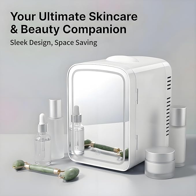 Lispin 4L Mini Skincare Fridge with Dimmable LED Mirror, Portable Beauty Refrigerator for Makeup, Cosmetic, Personal Small Refrigerator with Cooler and Warmer for Bedroom, Office and Car