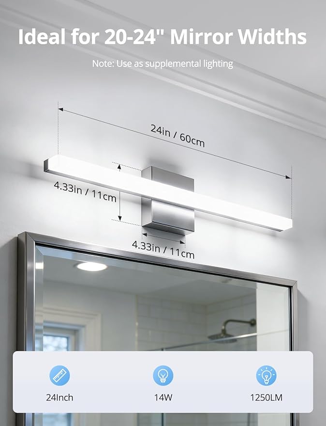 Combuh LED Vanity Lights Bar 24 Inch Bathroom Light Fixtures 14W IP44 Over Mirror Lighting Indoor Wall Sconces Modern Cool White 6000K for Washroom