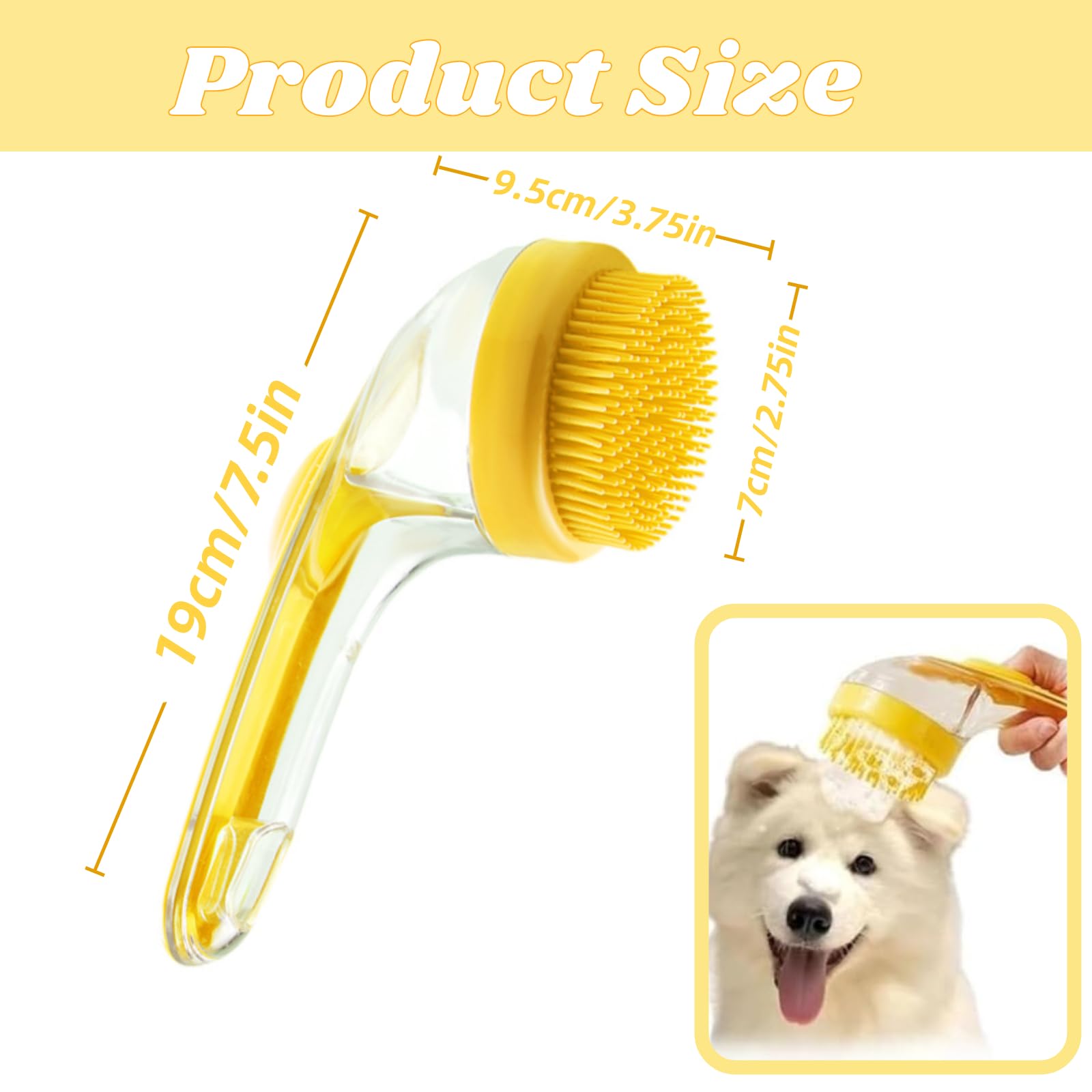 Dog Bath Brush, 2 in 1 Pet Grooming Bath Massage Brush with Soap and Shampoo Dispenser Soft Silicone Bristle Dog Scrubber for Long Short Haired Dogs Cats Shower(Yellow)