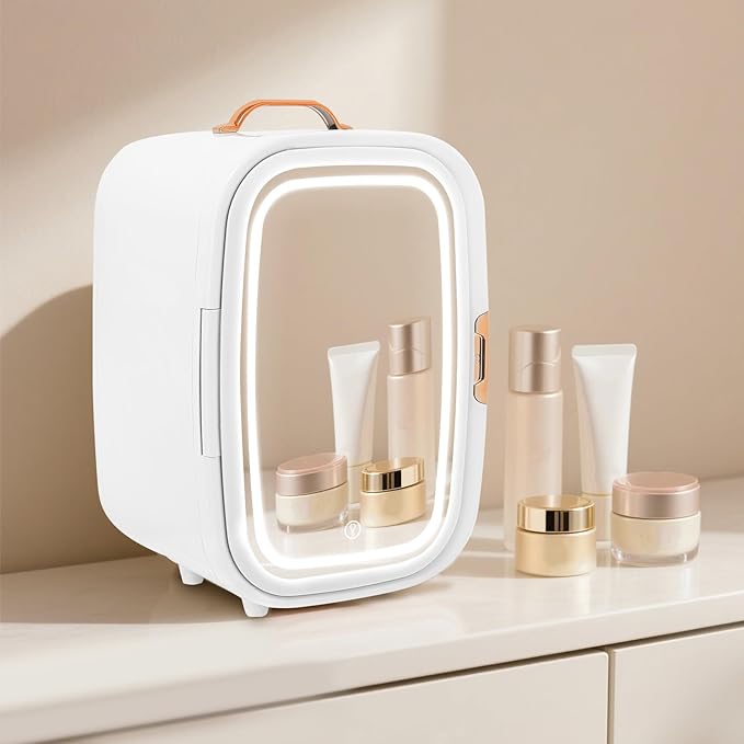 REHOUPTU Cosmetic Fridge with LED Mirror & Adjustable Shelves, 12V/110V Mini Skincare Refrigerator for Bedroom, Vanity, Office, 4 Gal, Gift for Women (White)