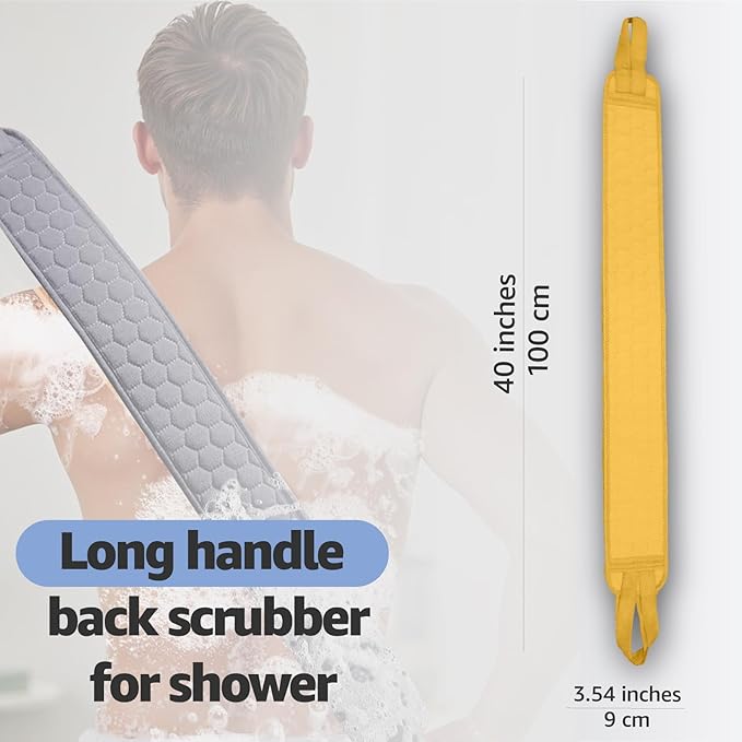 XNXA Back Scrubber for Shower with Handles, 40 Inch Extra Long Double-Sided Exfoliating Bath Strap, Textured Body Washer with Extended Reach for Deep Cleaning (Yellow)