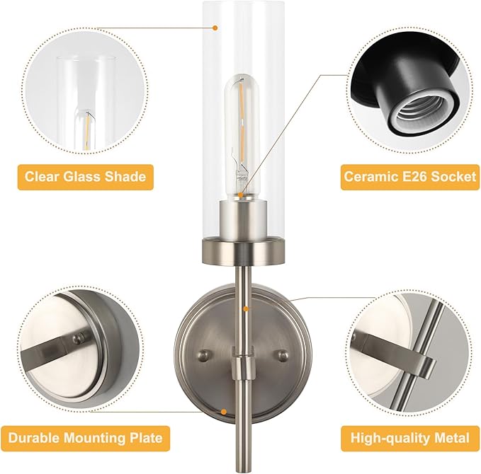WILON Bathroom Wall Sconces Set of 2, Brushed Nickel Vanity Lights for Bathroom, Indoor Wall Light Fixtures with Clear Glass Shades, Wall Lamp for Mirror Bedroom Living Room Bedside Hallway