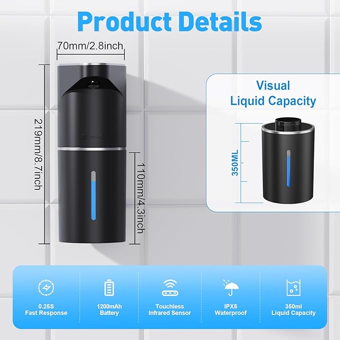 Automatic Soap Dispenser,Touchless Hand Wall Mount Rechargeable 3 Gear Adjustable Electric Soap Dispenser 350ml with Infrared Motion Sensor for Bathroom,Kitchen,Office, Black Gel