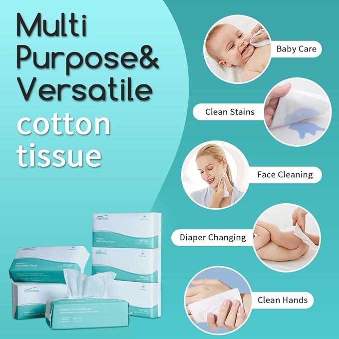 Saraflora 100% Cotton Facial Tissue Soft Dry Wipe 6 Pack, Use for Sensitive Skin Disposable Face Towel Extra Thick Dry and Wet Use Disposable Cotton Tissues for Washing Face Makeup Wipes（600 Count ）