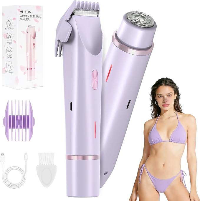 Bikini Trimmer for Women, 2-in-1 Lady Shaver Rechargeable Electric Razor for Women Legs, Body & Intimate Areas, USB-C Wet & Dry Use (Purple)