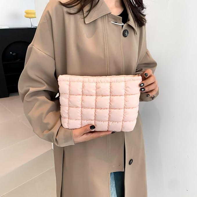 HFLZBRO Puffy Quilted Makeup Bag for Women, Cosmetic Bag, Travel Toiletry Organizer Pouch Clutch (pink)